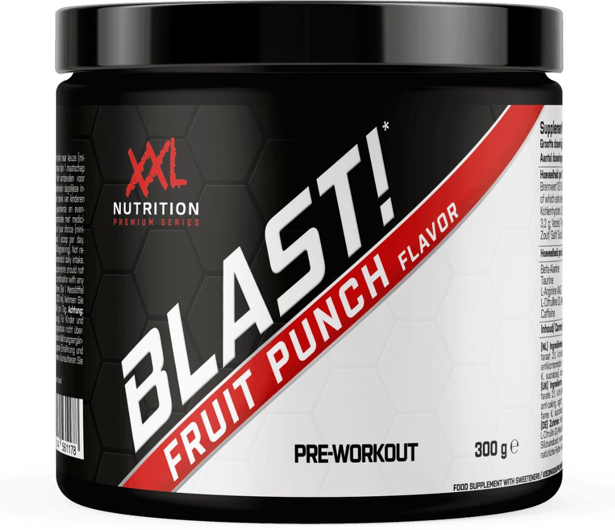 Goedkoopste XXL Nutrition - Blast! Pre Workout - Citruline Malaat, Beta-Alanine, Taurine, Arganine AKG & Cafeďne - Pre Workout Energy Drink Supplement Krachttraining - Diverse Smaken - Fruit Punch - 300 Gram (30 doseringen