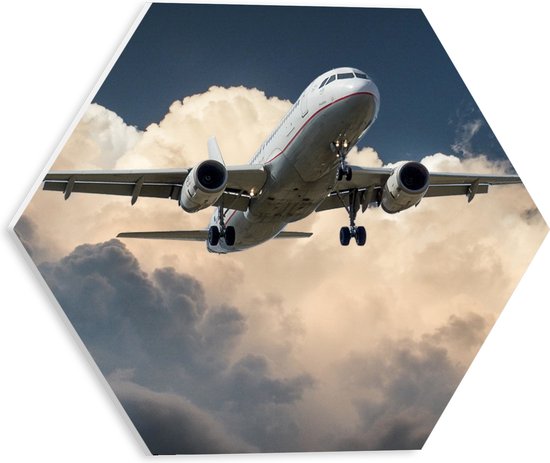 PVC Schuimplaat Hexagon - Wit Passagiersvliegtuig Vliegend vanuit Dicht Wolkendek - 30x26.1 cm Foto op Hexagon (Met Ophangsysteem)