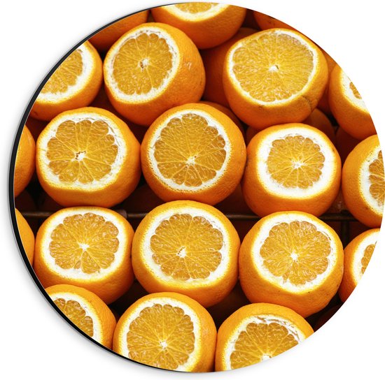 Dibond Muurcirkel - Opengesneden Sinaasappelen - 20x20 cm Foto op Aluminium Muurcirkel (met ophangsysteem)