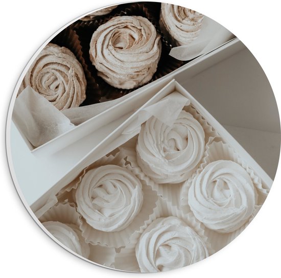 PVC Schuimplaat Muurcirkel - Cupcakes in Doosjes met Witte Botercrème - 20x20 cm Foto op Muurcirkel (met ophangsysteem)