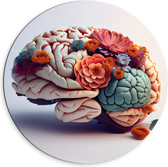 Dibond Muurcirkel - Hersenen Versierd met Bloemen tegen Beige Achtergrond - 60x60 cm Foto op Aluminium Muurcirkel (met ophangsysteem)