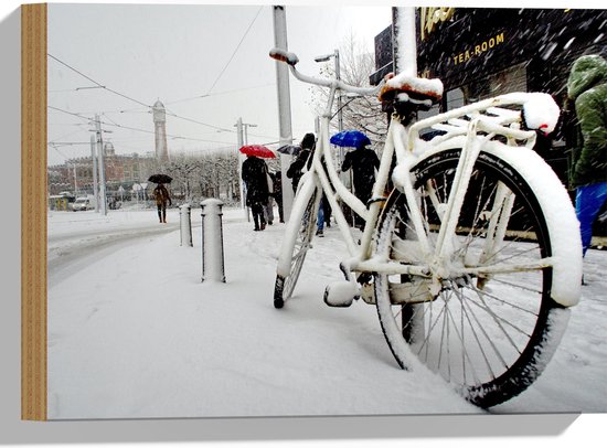 Hout - Fiets Geparkeerd in Stad tijdens Sneeuwbui - 40x30 cm - 9 mm dik - Foto op Hout (Met Ophangsysteem)