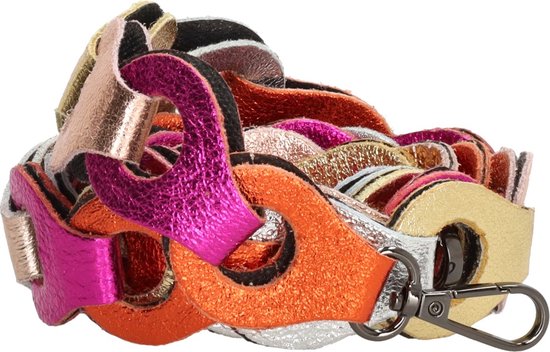 Bagstrap - Phone cord - Telefoonketting - Telefoonkoord voor om Pols- Tassenriem - Schouderband - Gevlochten - Leer - Metallic - Goud/Oranje/Fuschia