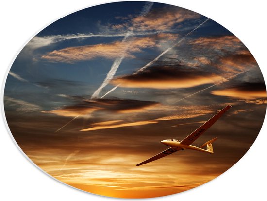 PVC Schuimplaat Ovaal - Wit Zweefvliegtuig Vliegend tijdens Zonsondergang - 40x30 cm Foto op Ovaal (Met Ophangsysteem)
