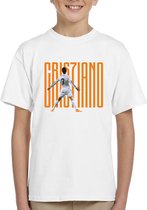 Ronaldo - Kinder T-Shirt - Wit - Maat 122 /128 - T-Shirt leeftijd 7 tot 8 jaar - Voetbal shirt - Cadeau - Shirt cadeau - CR7 t-shirt - voetbal - verjaardag - Unisex Kids T-Shirt - Oranje tekst