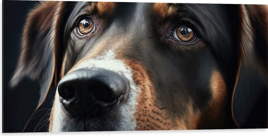 Dibond - Close-up van Kop van Bruin met Zwarte Hond - 100x50 cm Foto op Aluminium (Wanddecoratie van metaal)