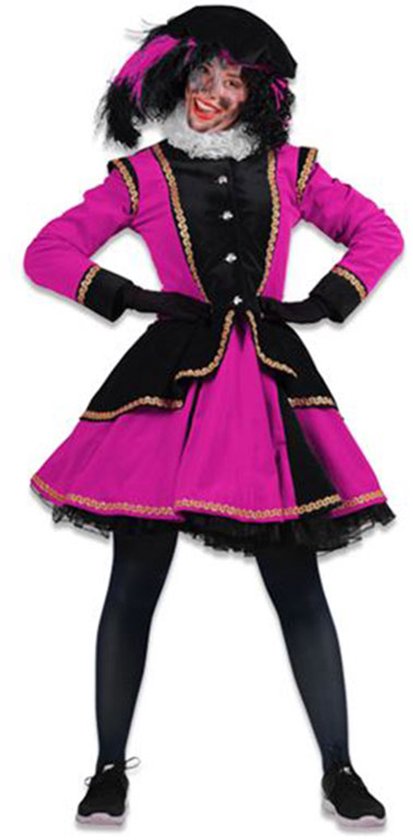 Zwart/roze Zwarte Piet-kostuum met pofmouwen, gouden details en zwarte hoed met roze veren.
