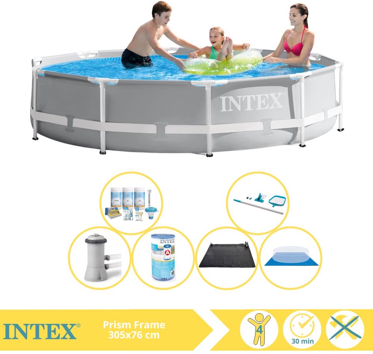 Intex Rond Prism Frame Zwembad - 366 x 76 cm - Grijs - Inclusief Pomp - Onderhoudspakket - Filter - Grondzeil - Schoonmaakset - Solar Mat - 7-delig