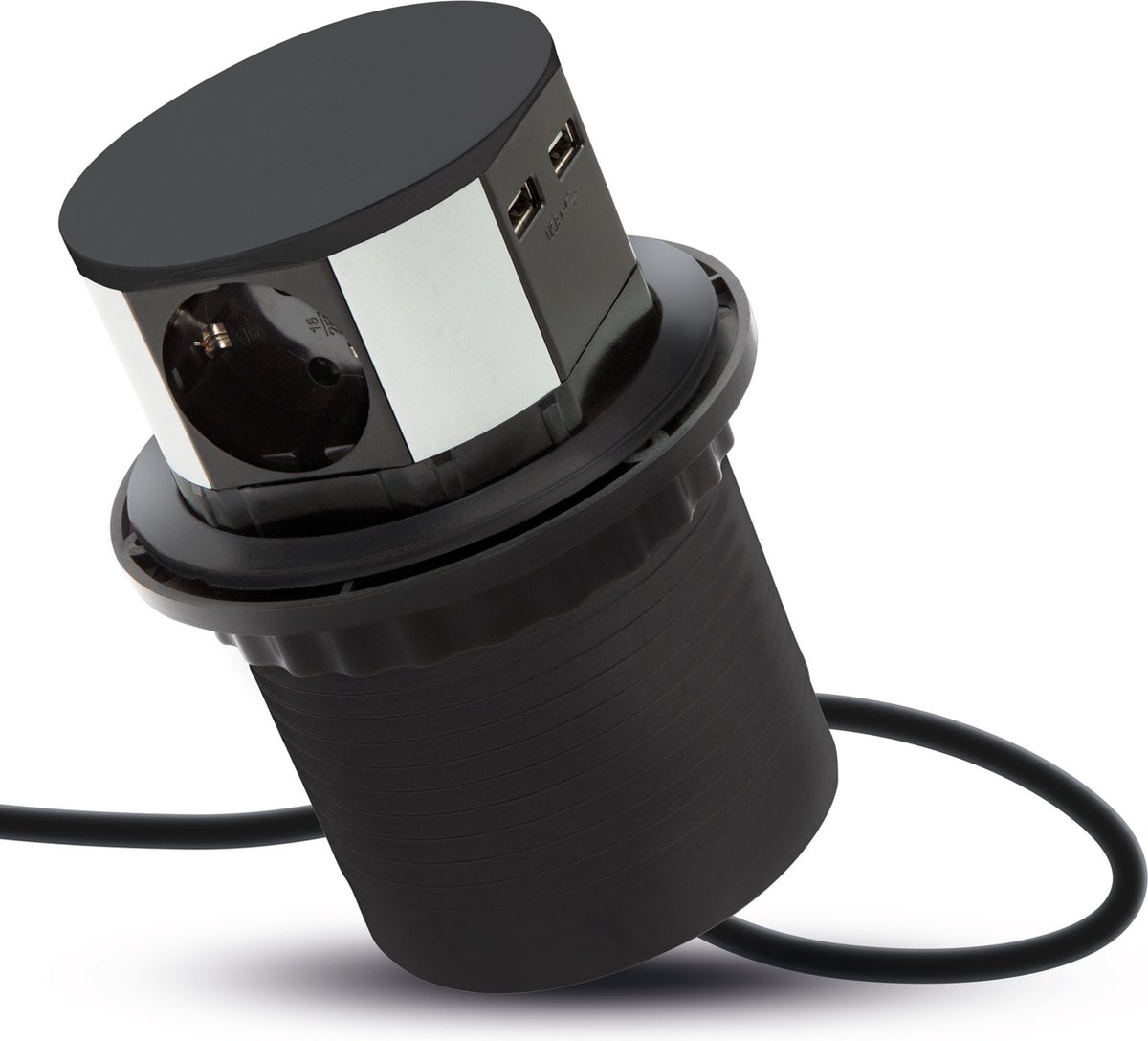 DELIGHT - Inbouw Pop-Up Tafelblad Stekkerdoos met 2x USB en 3 Stopcontacten - Zwart - Lage inbouwdiepte