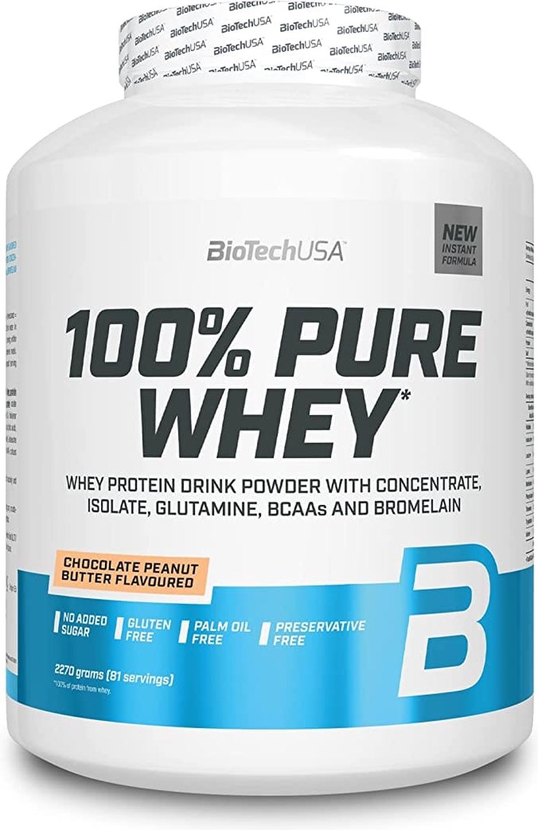 BioTechUSA 100% Pure Whey | Eiwitpoeder met BCAA en Glutamine | Glutenvrij, Palmolievrij | 21g Eiwit per portie, 2.27 kg, Zwart Biscuit