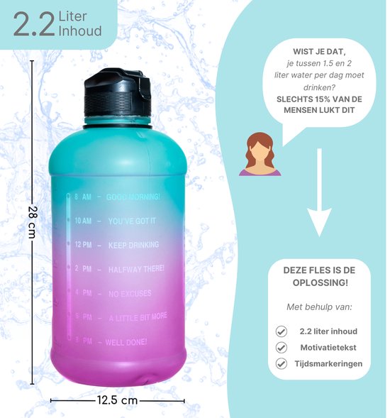 Quality Needz - Bouteille d'eau - Gourde avec paille - Poignée robuste - 2 litres - Bouteille de sport - Bouteille d'eau avec marquage du temps - Bouteille Water - Bouteille d'eau avec paille