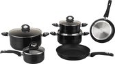 AA Premium Cookware Pannenset - 10-delig - Inductie - Antiaanbaklaag - Met glazen deksels - PFAS-vrij - Marmeren coating - Alle warmtebronnen - Zwart