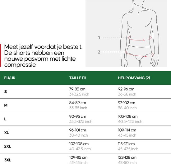 Maattabel voor sportbroeken: EU/UK maten, tailleomvang en heupomvang.