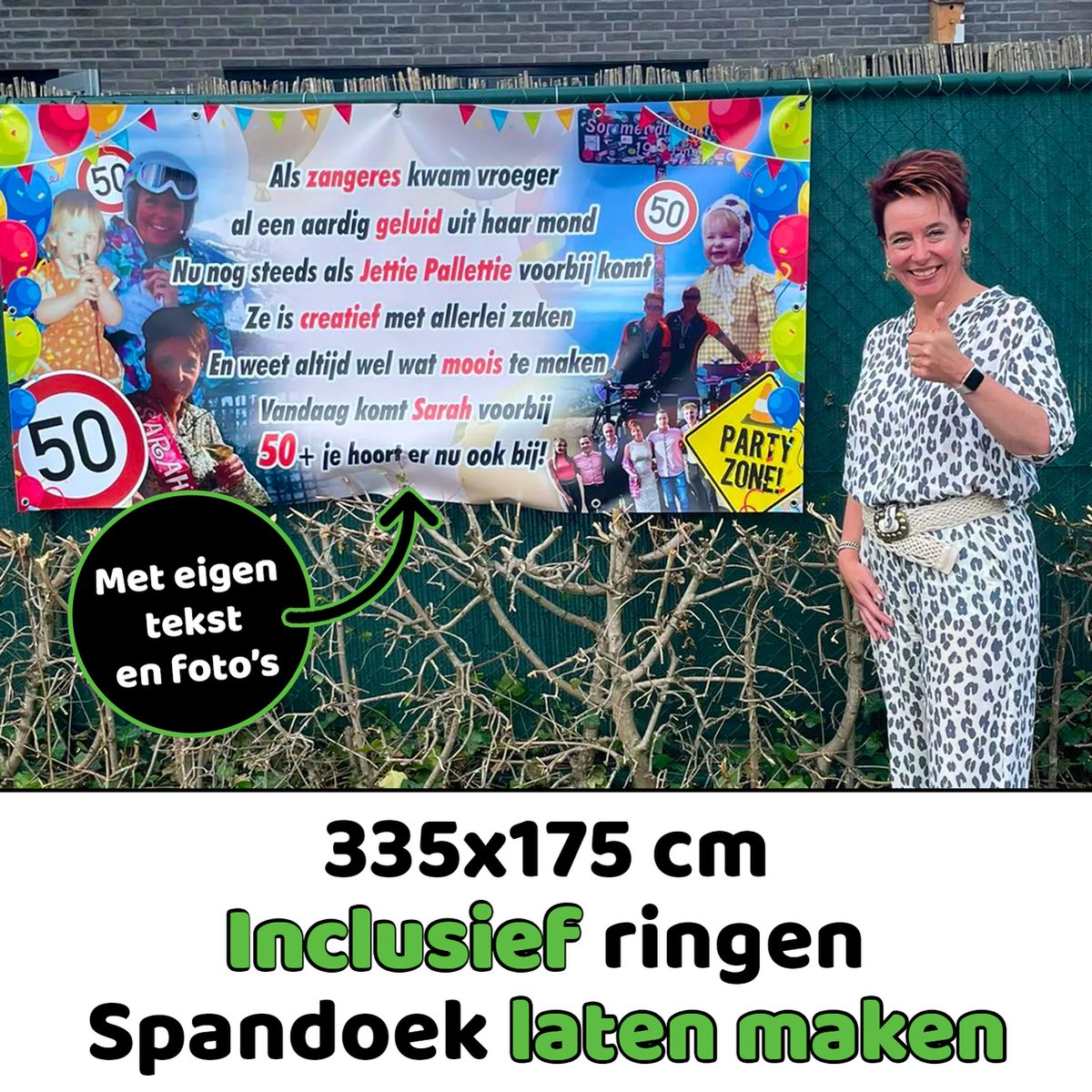 Bouwhek spandoek laten maken 335 x 175 cm | Eigen tekst en foto's | Incl. Ringen | Voor iedere gelegenheid | Verjaardag | Abraham | Sarah | Pensioen | Welkom thuis spandoek