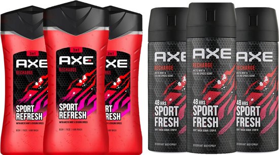 Trois gels douche Axe Recharge Sport Refresh et trois bodysprays Axe Recharge Arctic Mint.