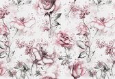 Fotobehang - Vinyl Behang - Aqaurel Roze Bloemen - Bloemetjes - Rozen - 368 x 280 cm