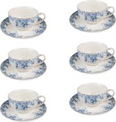 HAES DECO - Set de 6 tasses et soucoupes - contenance 220 ml - coloris Wit / bleu - Porcelaine imprimée à Fleurs - Service à thé, Service à café, Tasses à thé, Tasses à café, Cappuccino