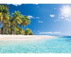 Fotobehang - Tropisch Strand met Palmbomen aan Zee - Caribische Zee - Caribbean Beach - Strand - Zon - Paradijs - Vliesbehang - 254 x 184 cm