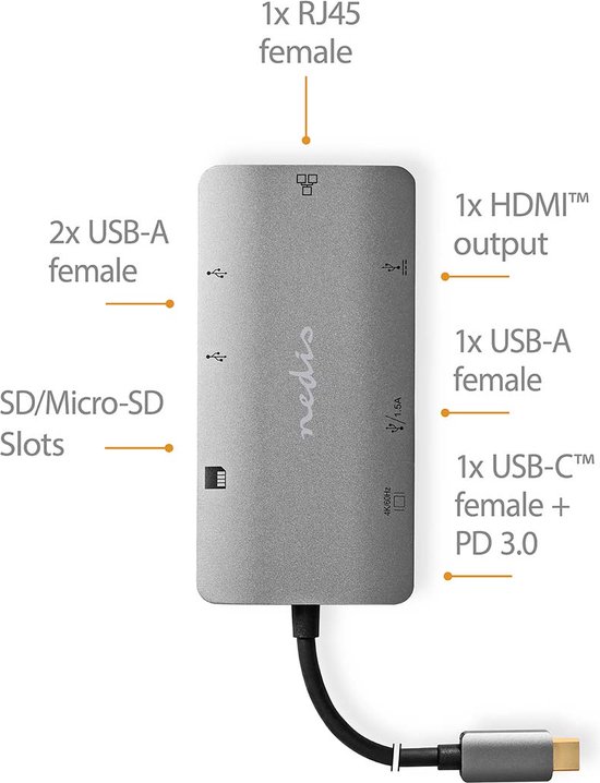 Nedis USB Multi-Port Adapter - 7-in-1 - USB 3.2 Gen 1 - USB-C Male - HDMI Output / Micro SD / RJ45 Female / SD / USB-C Female / 3x USB-A Female - 5 Gbps - 0.20 m - Rond - Verguld - PVC