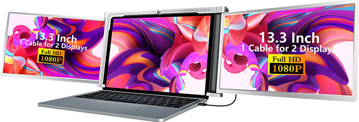 (2023) Pactom Pro Y20 | 1 Cable-Model- Triple Portable Monitor (Windows/MacOS) 13.3Inch Full HD - Extra beeldscherm laptop - Draagbaar monitor - Draagbare scherm voor laptop - HDR en IPS - USB C - (1 Year Warranty)