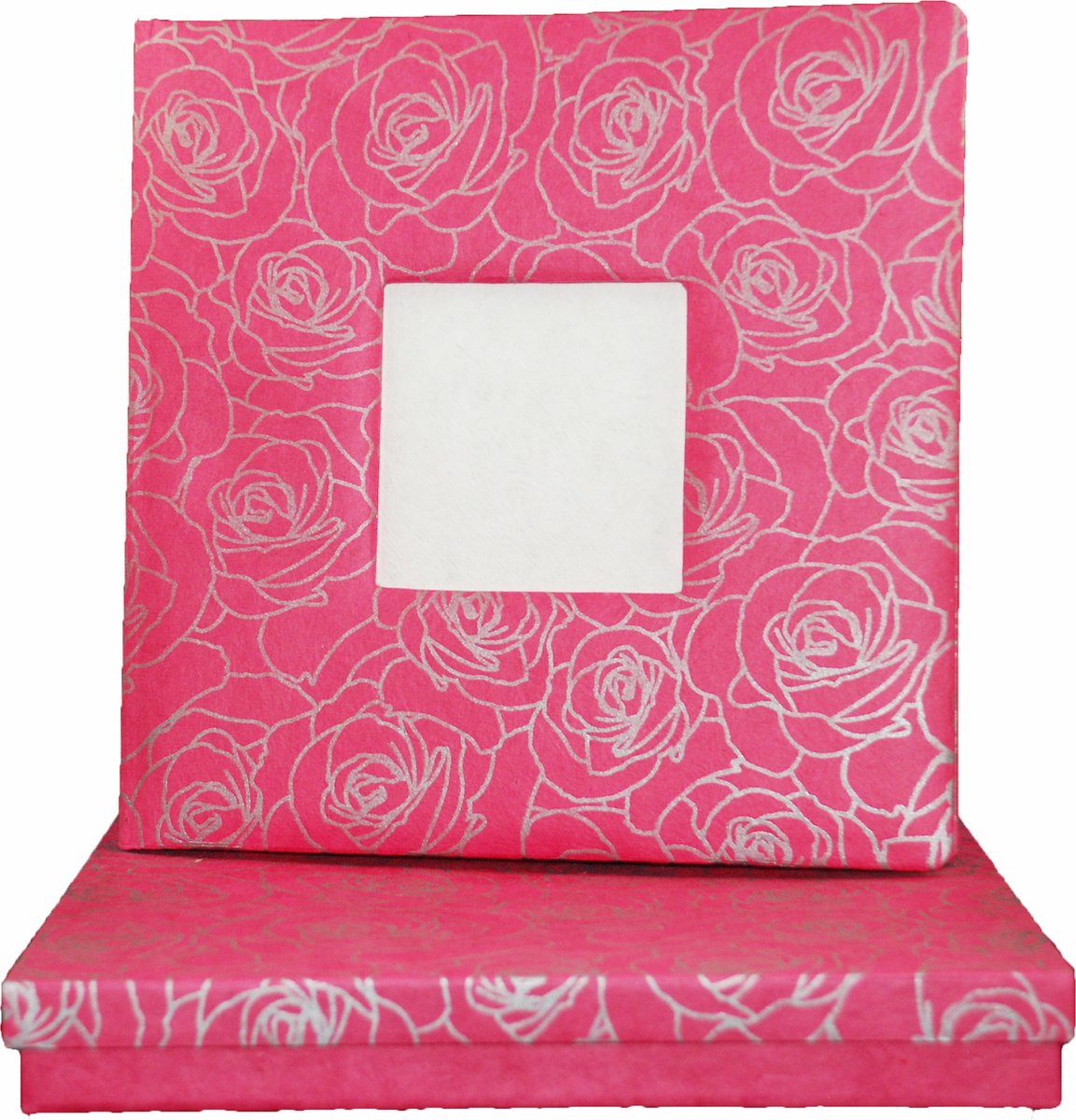 Gastenboek/notitieboek fuchsia-roze met rozen print, 26x26cm, in bewaardoos
