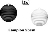 2x Lampion zwart en wit 25cm - Black and white - festival thema feest tropical verjaardag party papier BBQ strand licht fun