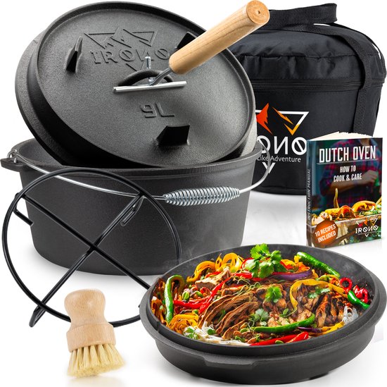 IRONO Dutch Oven - Pan Gietijzer zonder poten - 9 Liter - Gietijzeren Pan BBQ 5-delig - Multifunctionele Kookset - Braadpan Gietijzer met Deksellifter - Bakpan - Kookpan - Outdoor Cooking - Vaderdag Cadeau