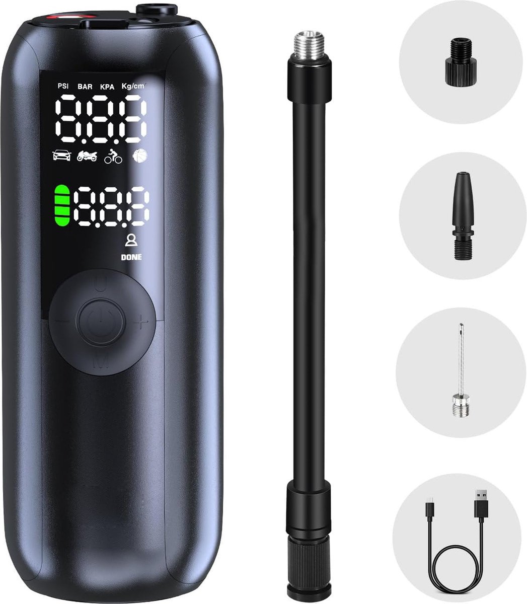 Elektrische Bandenpomp Compressor 150PSI - Draadloze en Draagbare Fietspomp met Automatische Stop - Geschikt voor Auto, Fiets, Motorfiets - Inclusief Presta Ventiel, Schrader Ventiel en Dunlop Ventiel