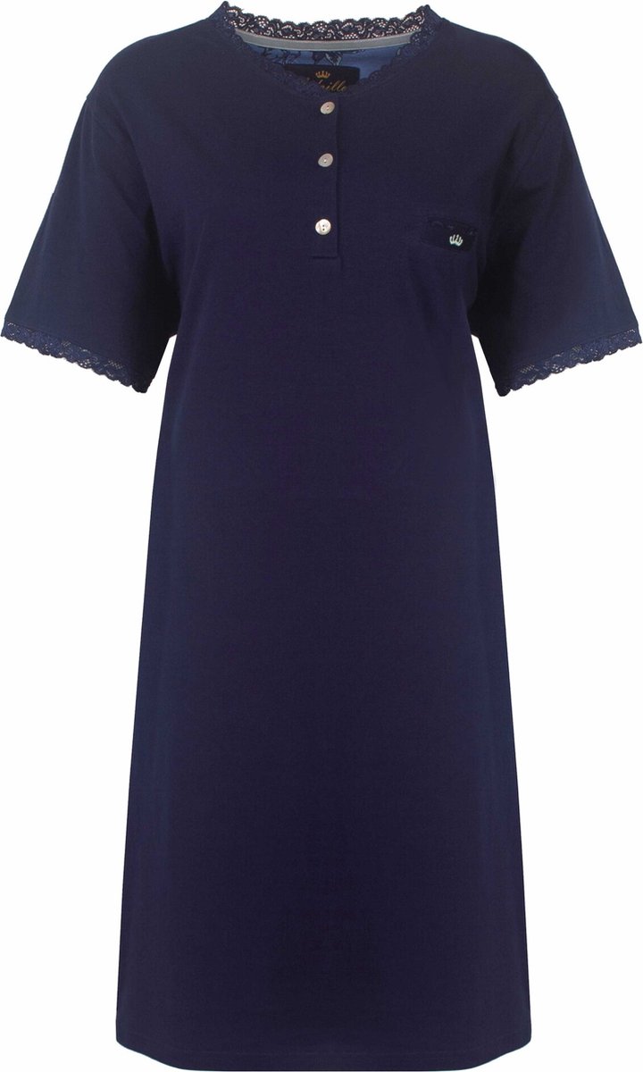 Medaillon Dames Nachthemd - Slaapkleedje - Katoen - Donker Blauw