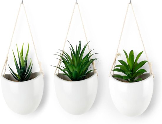 PASCH® Set van 2 kunstmatige eucalyptus (60 cm) in witte keramische pot: kunstmatige hangplanten | kunstmatige planten als echt | hangende kunstplanten | kunstplant hangend in pot (eucalyptus planten