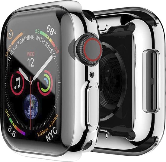 Een zilverkleurige, transparante beschermhoes voor een Apple Watch met een wijzerplaat die "NYC" toont.