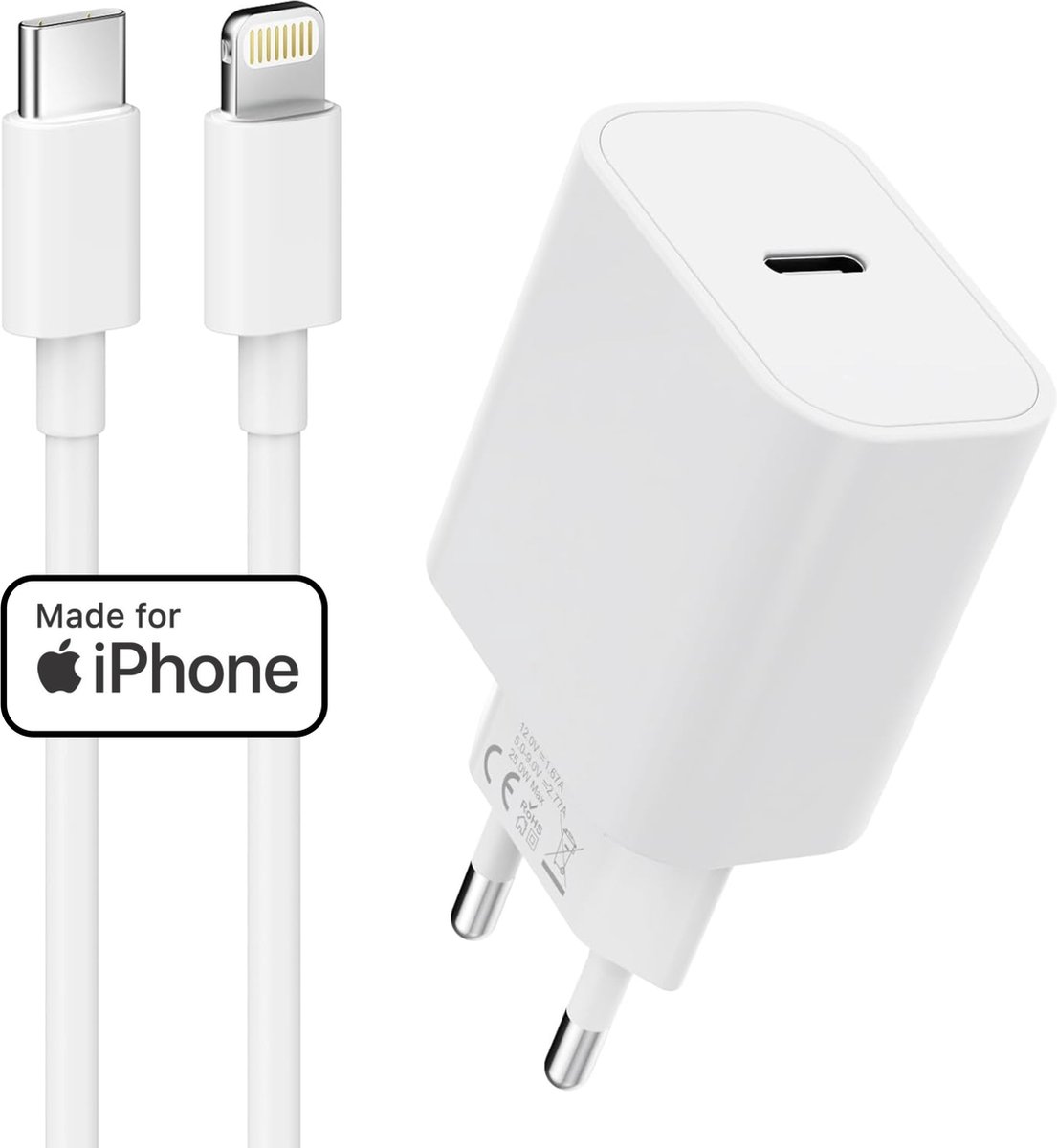 Usb C Adapter + usb-C naar Lightning Kabel - Gecertificeerd MFI Apple Oplader - Super Snellader - Geschikt voor Oplader iPhone 14, 13, 12, 11, X, Pro, Max en iPad 2022 t/m 2017