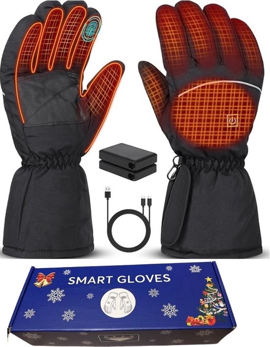 Zwarte smart handschoenen met verwarmingspatroon, batterijen, USB-kabel en cadeauverpakking.