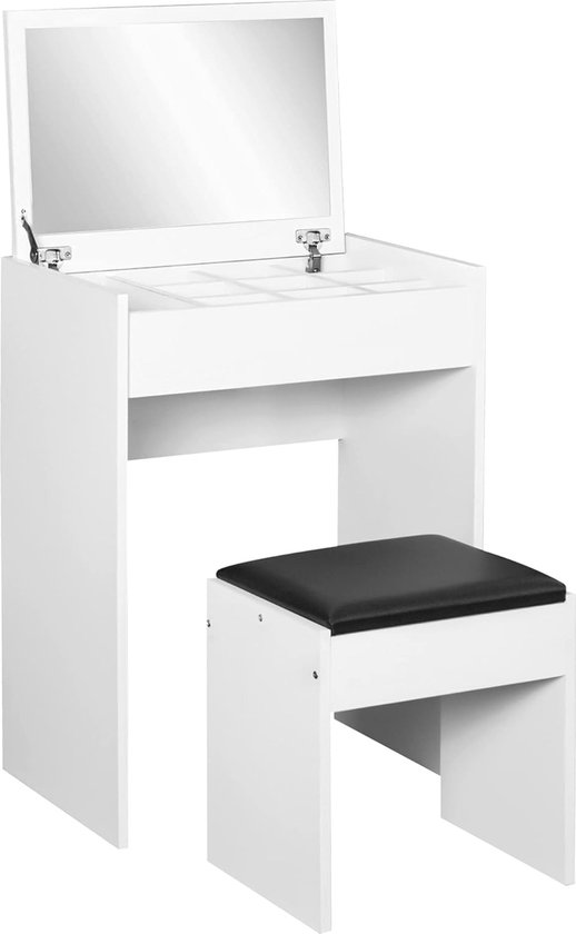 Juskys Make-uptafel kruk Melly, houten kruk met gewatteerd kussen en bekleding van kunstleer, moderne gestoffeerde kruk 40 x 30 x 43 cm in wit