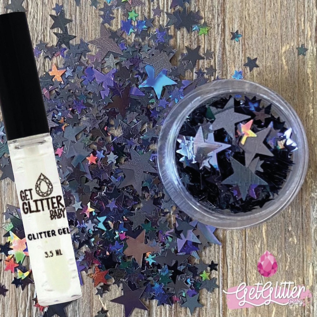 GetGlitterBaby® - Chunky Festival Glitters Sterretjes voor Lichaam en Gezicht Gel Glitterlijm Huid lijm / Bio Vegan Biodegradable Biologische Face Body Glitter Jewels - Donker Zilver / Zwart + Glittergel Huidlijm