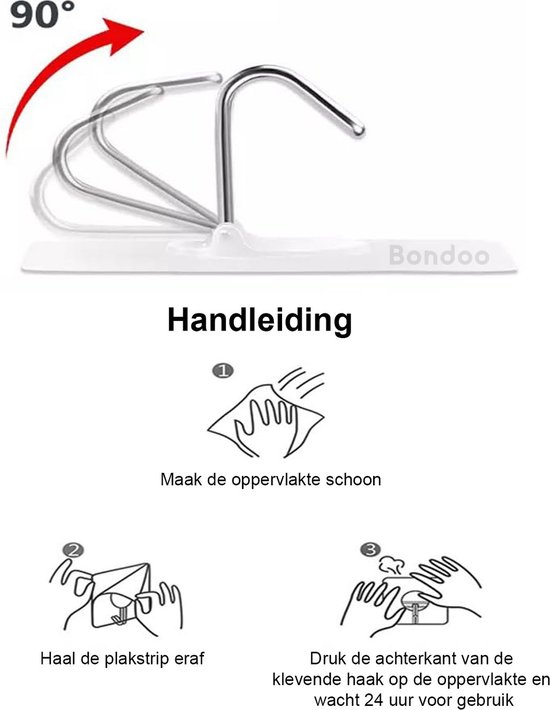 Instructies voor het aanbrengen van een haak, inclusief oppervlak reinigen, plakstrip verwijderen en 24 uur laten drogen.