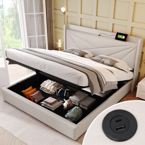 Bed 160x200, gestoffeerd tweepersoonsbed met type-C en USB, 4 laden, hoofdeinde met verborgen opbergruimte, bedframe met lattenbodem, modern tienerbed voor volwassenen, grijs, linnen, zonder matras