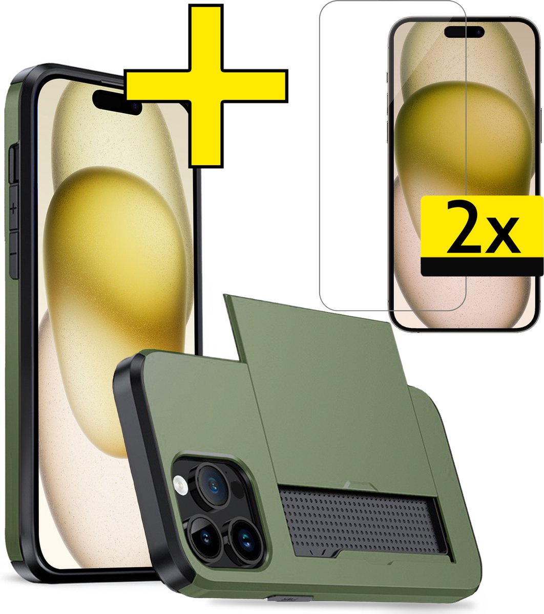 Hoesje Geschikt voor iPhone 15 Pro Max Hoesje Case Pashouder Hard Cover Met 2x Screenprotector - Hoes Geschikt voor iPhone 15 Pro Max Hoesje Met Kaarthouder - Donkergroen