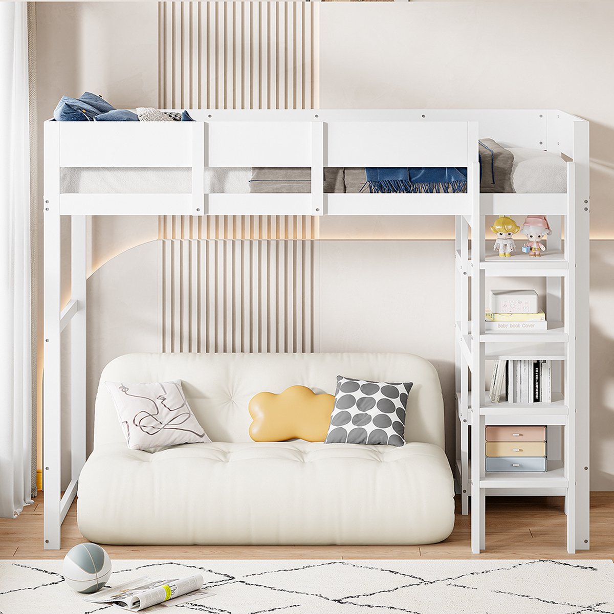 KOMHTOM Bed Kinderbed met plank 90x200 cm Hoogslapers van massief dennenhout met lattenbodem Wit