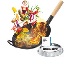 Wokpan met wokring - Geschikt als wokpan inductie en voor grill- en gasfornuizen - Wokpan van robuust koolstofstaal - Wok en wokpannen, wokgasbrander, wokinductie, wokgasbrander