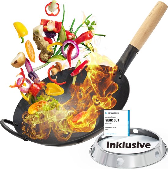 Wokpan met wokring - Geschikt als wokpan inductie en voor grill- en gasfornuizen - Wokpan van robuust koolstofstaal - Wok en wokpannen, wokgasbrander, wokinductie, wokgasbrander