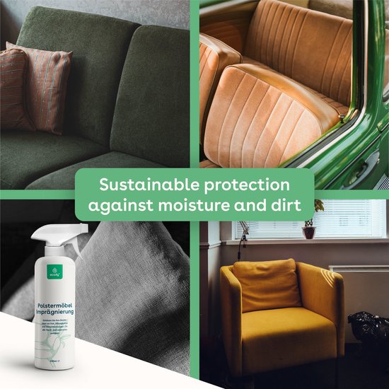 Collage van een groene bank, stoffen bekleding, vintage auto-interieur en een gele fauteuil, met een fles spray.