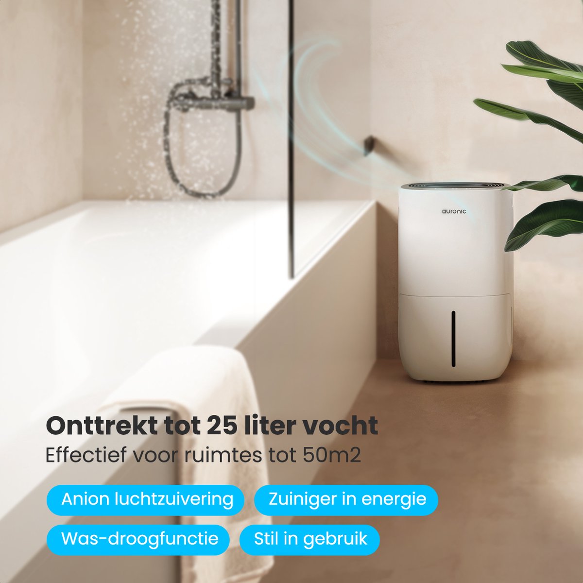 Auronic Luchtontvochtiger en Luchtreiniger - Pro Plus Series - Ontvochtigt 25L per dag in Huis - 5L Waterreservoir - Slaapkamer en Woonkamer - Was-droog functie - Vochtopnemer voor in Huis - Dehumidifier - Wit thumbnail 3