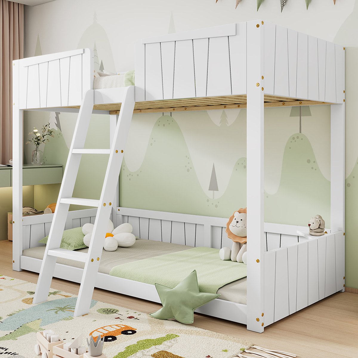 Lit Superposé Enfant KOMHTOM 90x200cm - Avec échelle Angle Droit Et Barrières, Sans Matelas (naturel)