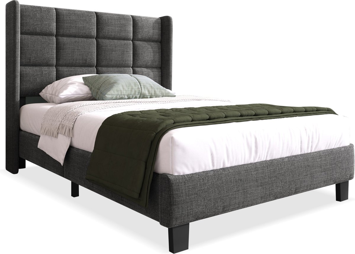 Merax Gestoffeerd Bed met Hoofdbord en Houten Lattenbodem - 90 x 200 cm - Grijs Linnen - Zonder Matras