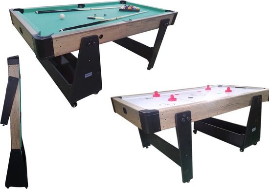 TopTable Twist 2-1 Max Mobile, Wood 6,5ft - Airhockey & Pooltafel Combi 2 in 1 Gemakkelijk Opklapbaar & Verrijdbaar