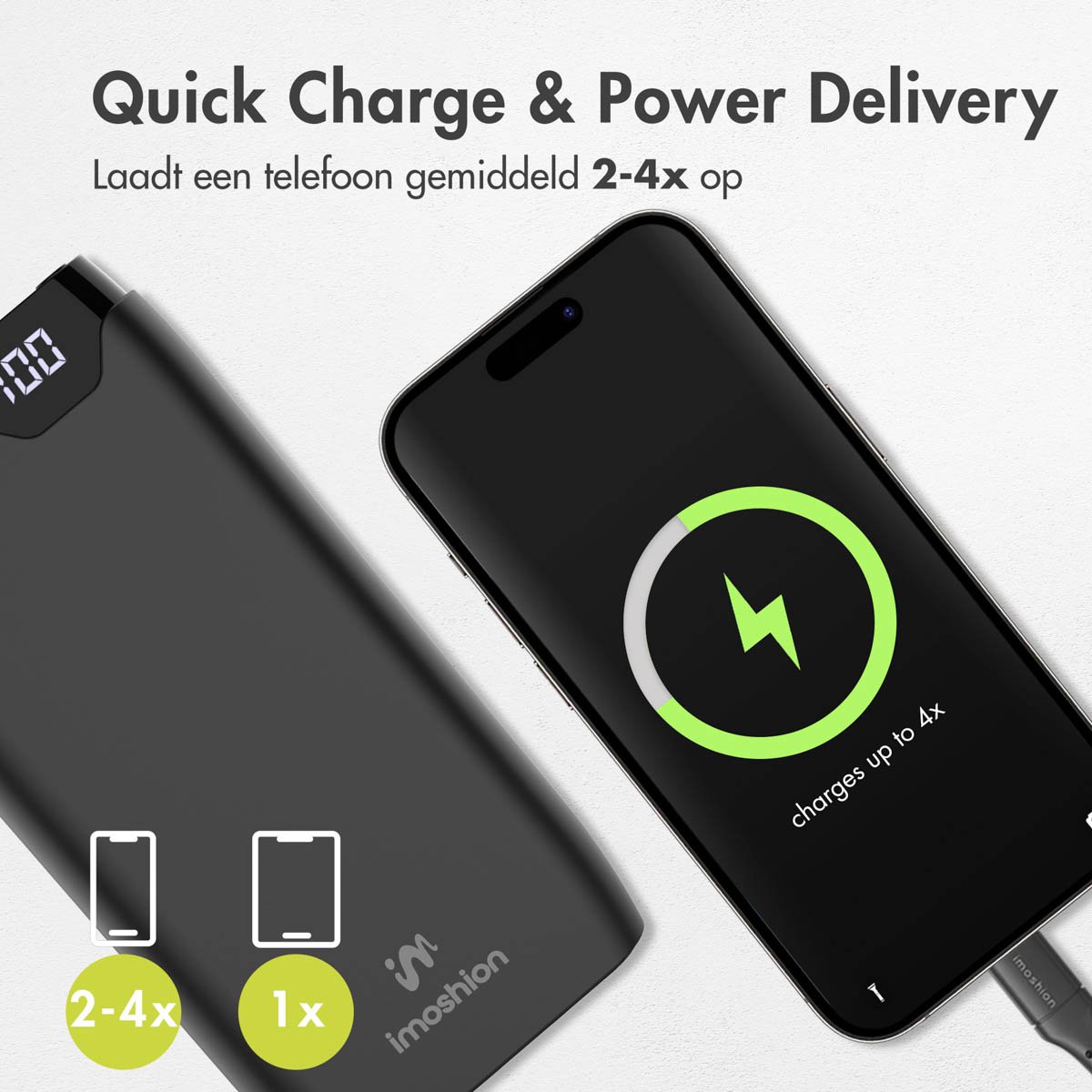 Afbeelding 3 van imoshion Powerbank 20000 mAh - Snellader 22.5W - LED indicator - USB-C & USB-A - Universele Powerbank geschikt voor o.a. iOS/Android - Noodpakket - Zwart