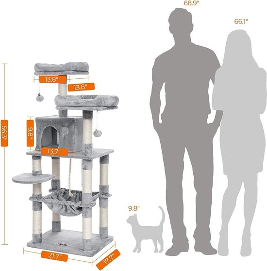 Grijze kattenkrabpaal met afmetingen, vergeleken met de lengte van een man, vrouw en kat.