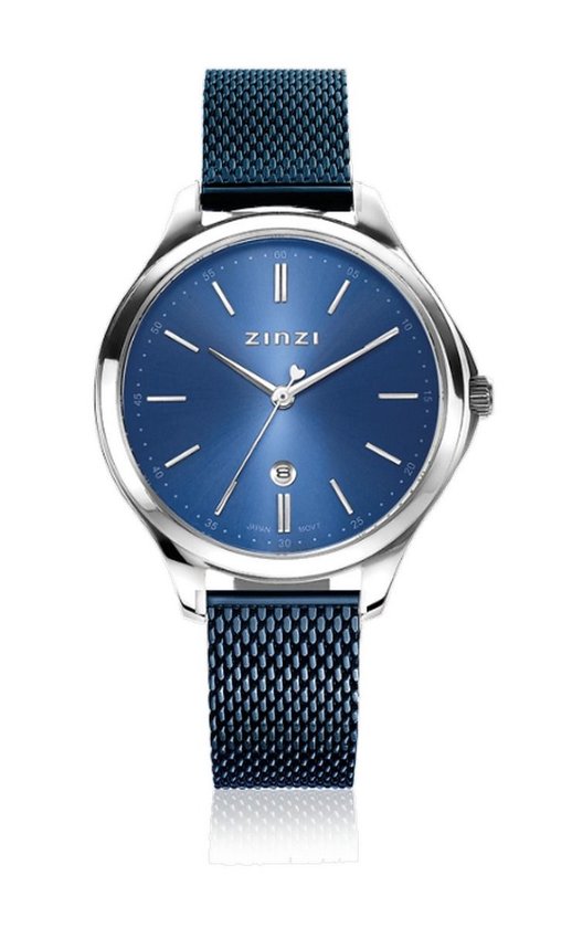 Foto: Zinzi classy horloge 34mm blauwe wijzerplaat stalen kast en blauwe mesh band datum ziw1042bm