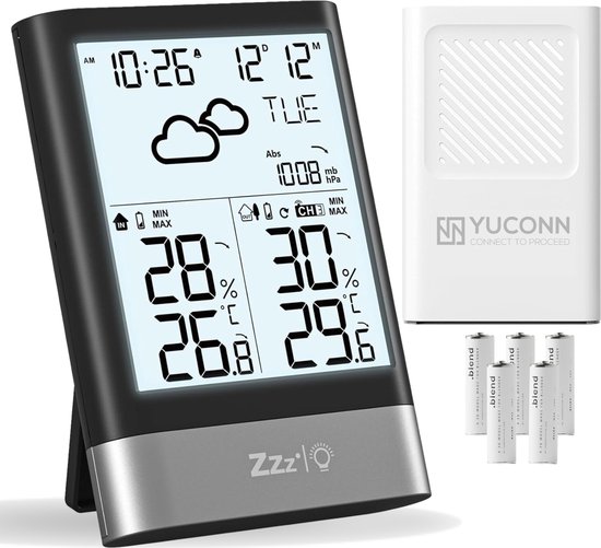 Foto: Yuconn weerstation binnen en buiten draadloos weerstation met buitensensor 100 meter bereik waterdicht thermometer hygrometer temperatuurmeter binnen zwart